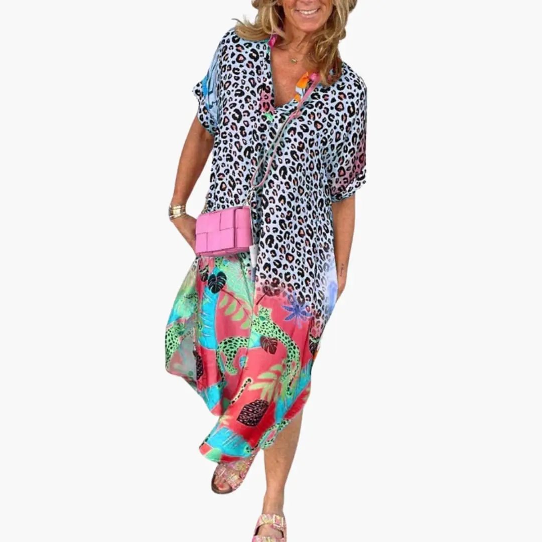 Women’s Printed Midi Dress with Short Sleeves and Round Neck