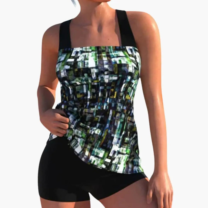 Women’s Printed Tankini Swimsuit with Front Panel Top and Swim Shorts