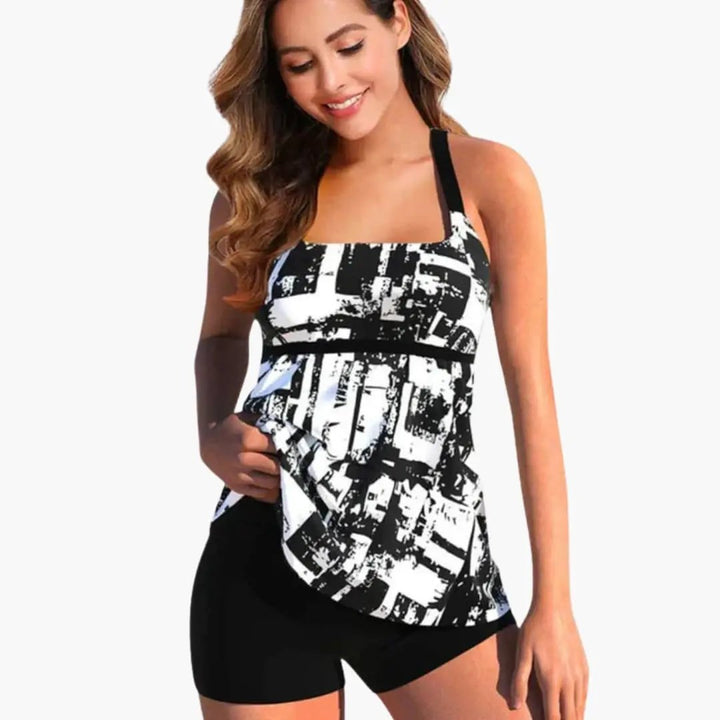 Women’s Printed Tankini Swimsuit with Front Panel Top and Swim Shorts