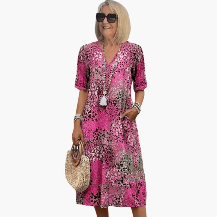 Women’s Printed V-Neck Midi Dress with Short Sleeves and Loose Fit