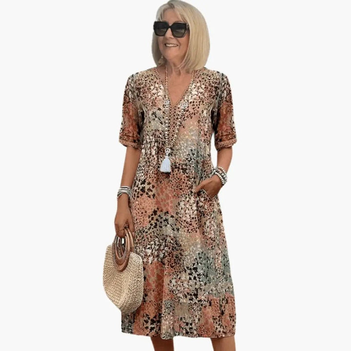Women’s Printed V-Neck Midi Dress with Short Sleeves and Loose Fit