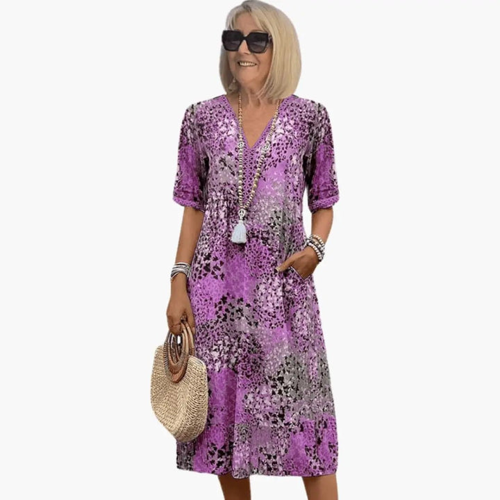 Women’s Printed V-Neck Midi Dress with Short Sleeves and Loose Fit