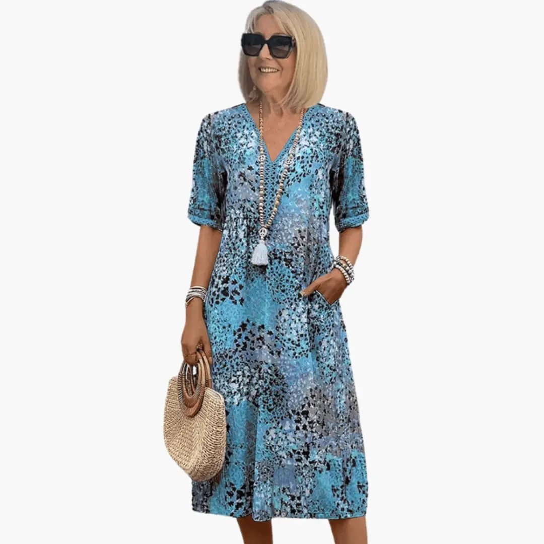 Women’s Printed V-Neck Midi Dress with Short Sleeves and Loose Fit