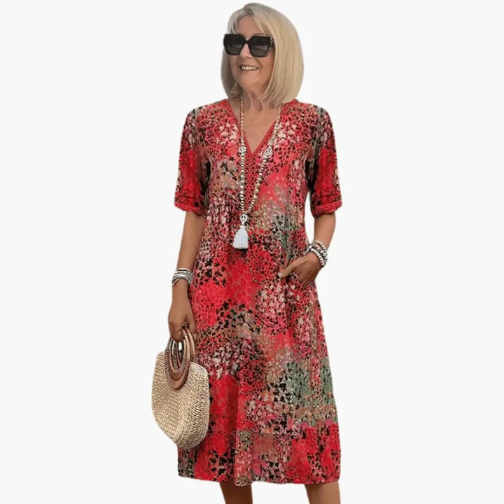Women’s Printed V-Neck Midi Dress with Short Sleeves and Loose Fit