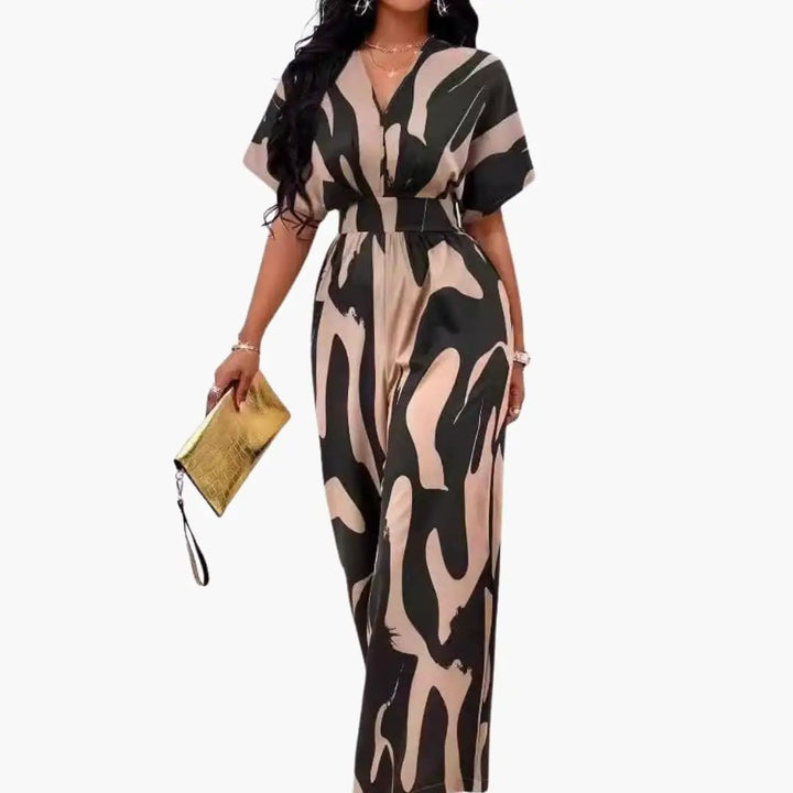 Women’s Printed Wide Leg Jumpsuit with V-Neck and Waist Belt