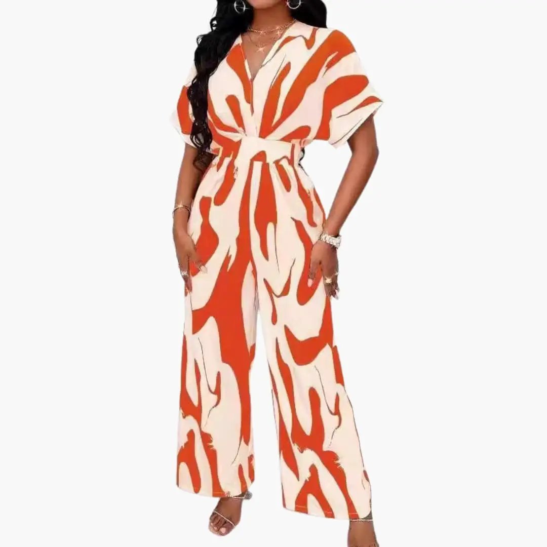 Women’s Printed Wide Leg Jumpsuit with V-Neck and Waist Belt
