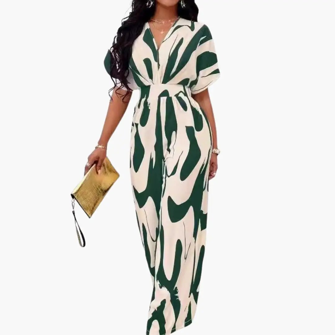 Women’s Printed Wide Leg Jumpsuit with V-Neck and Waist Belt