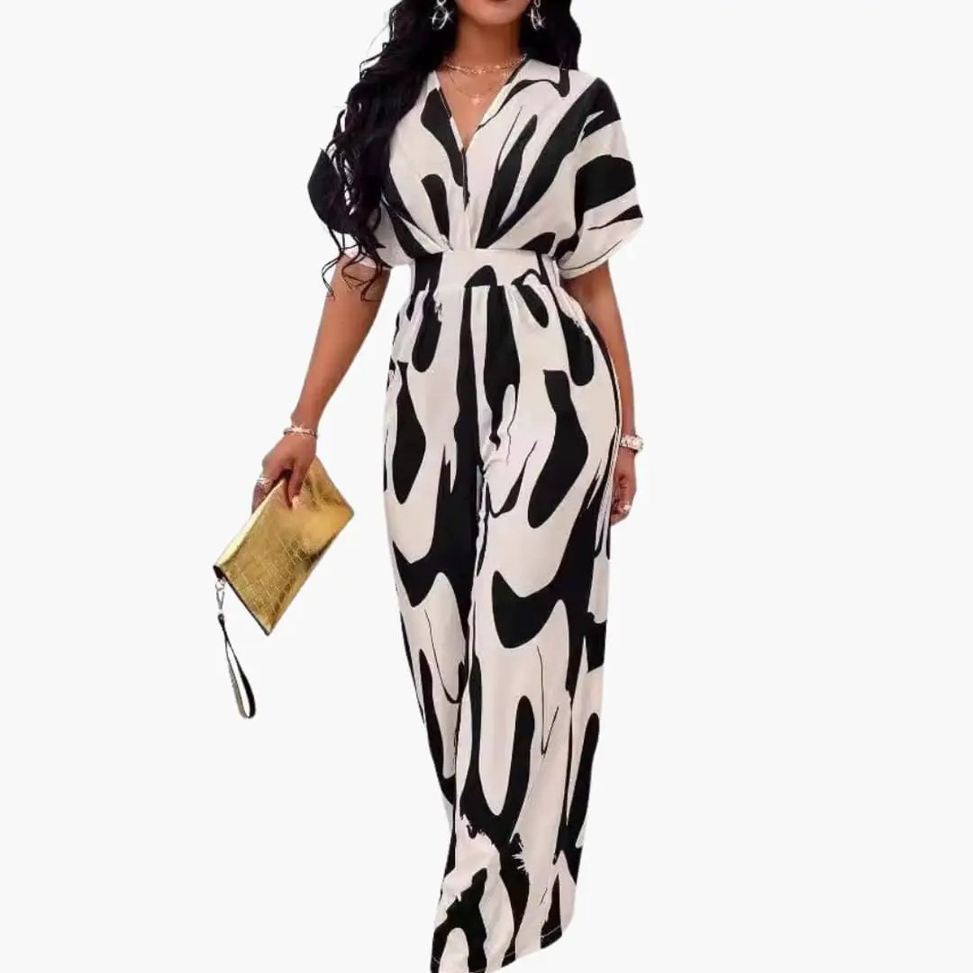 Women’s Printed Wide Leg Jumpsuit with V-Neck and Waist Belt