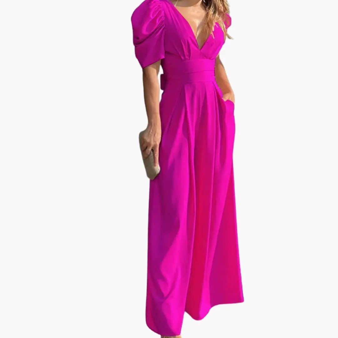 Women’s Puff Sleeve Jumpsuit with Back Zipper