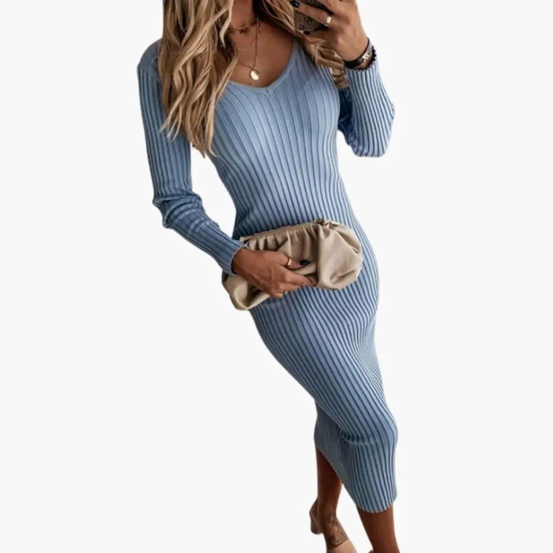 Women’s Ribbed Midi Dress with Round Neckline