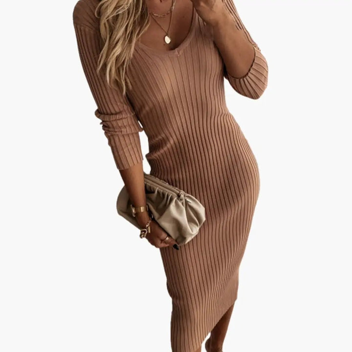 Women’s Ribbed Midi Dress with Round Neckline