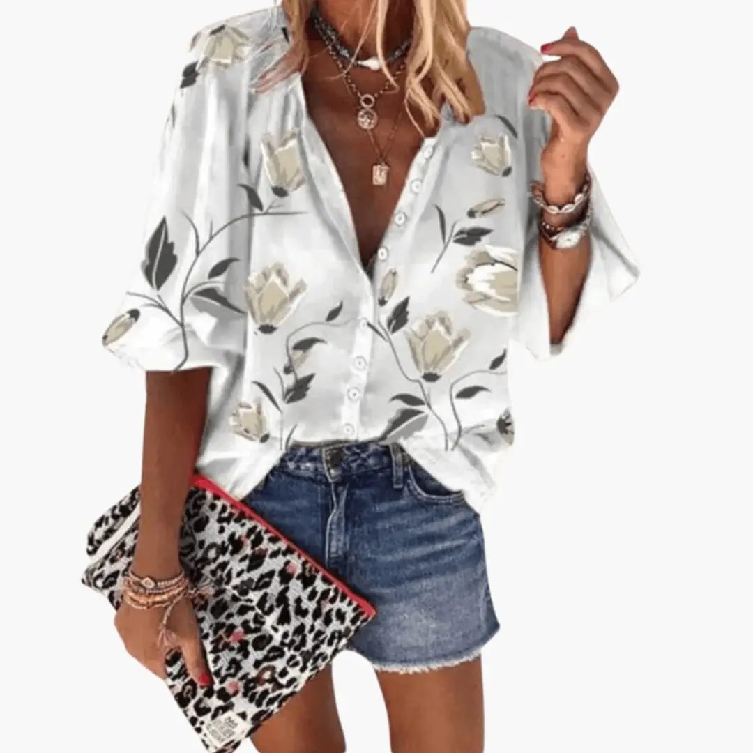 Women’s Round Neck Blouse Short Sleeve Woven Top