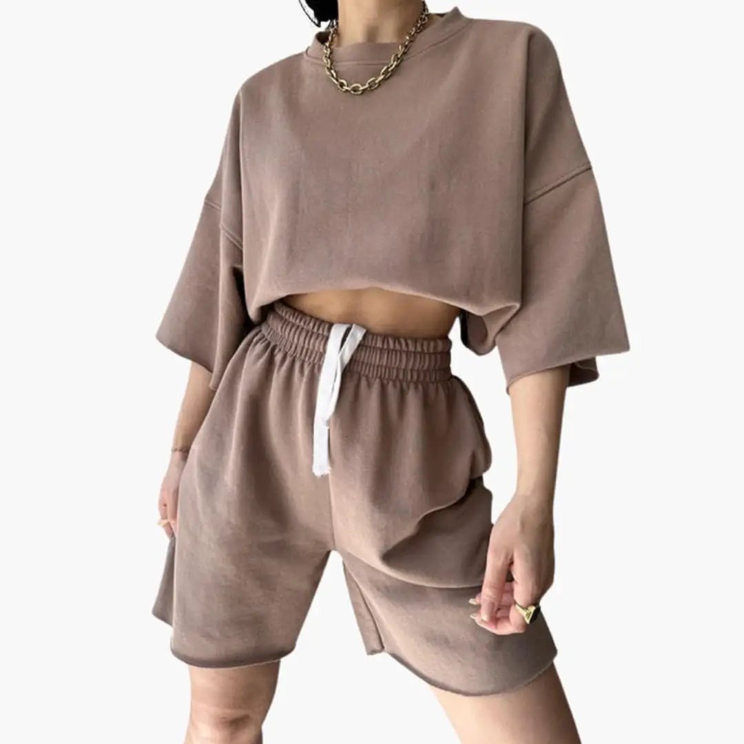 Women's Round Neck Crop Top and Drawstring Waist Shorts Two-Piece Set