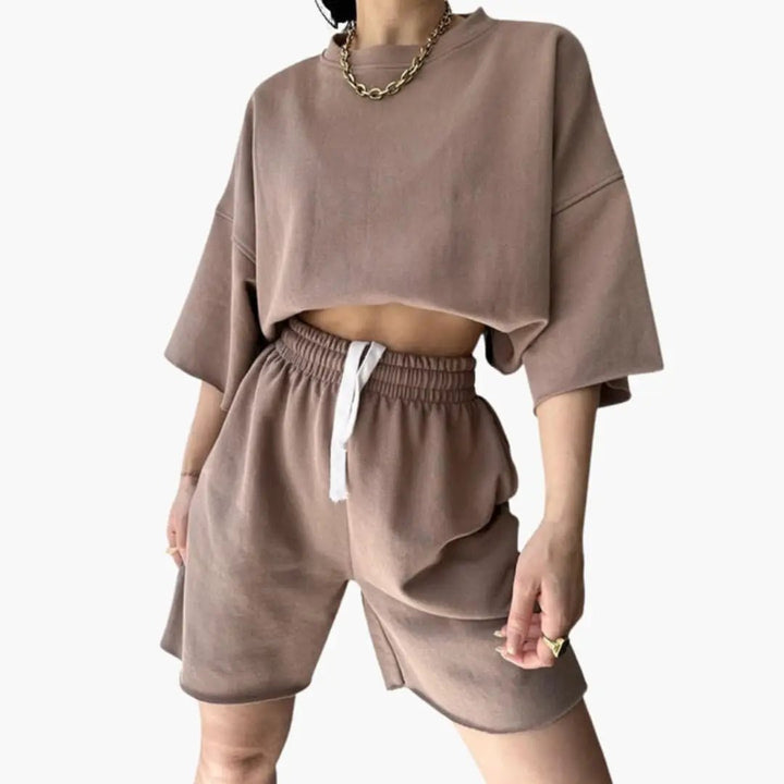Women's Round Neck Crop Top and Drawstring Waist Shorts Two-Piece Set