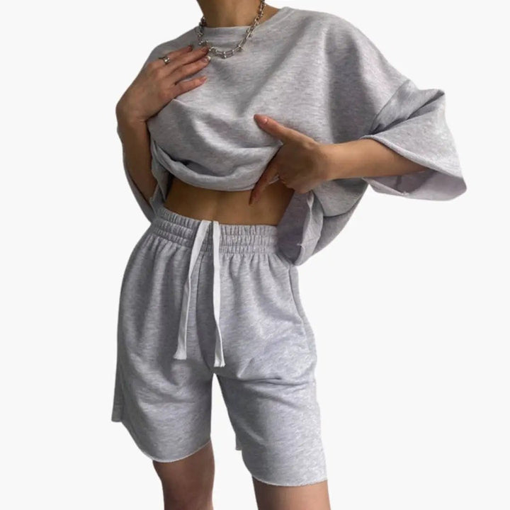 Women's Round Neck Crop Top and Drawstring Waist Shorts Two-Piece Set