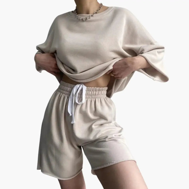 Women's Round Neck Crop Top and Drawstring Waist Shorts Two-Piece Set