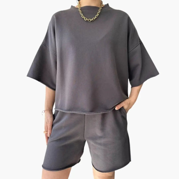 Women's Round Neck Crop Top and Drawstring Waist Shorts Two-Piece Set