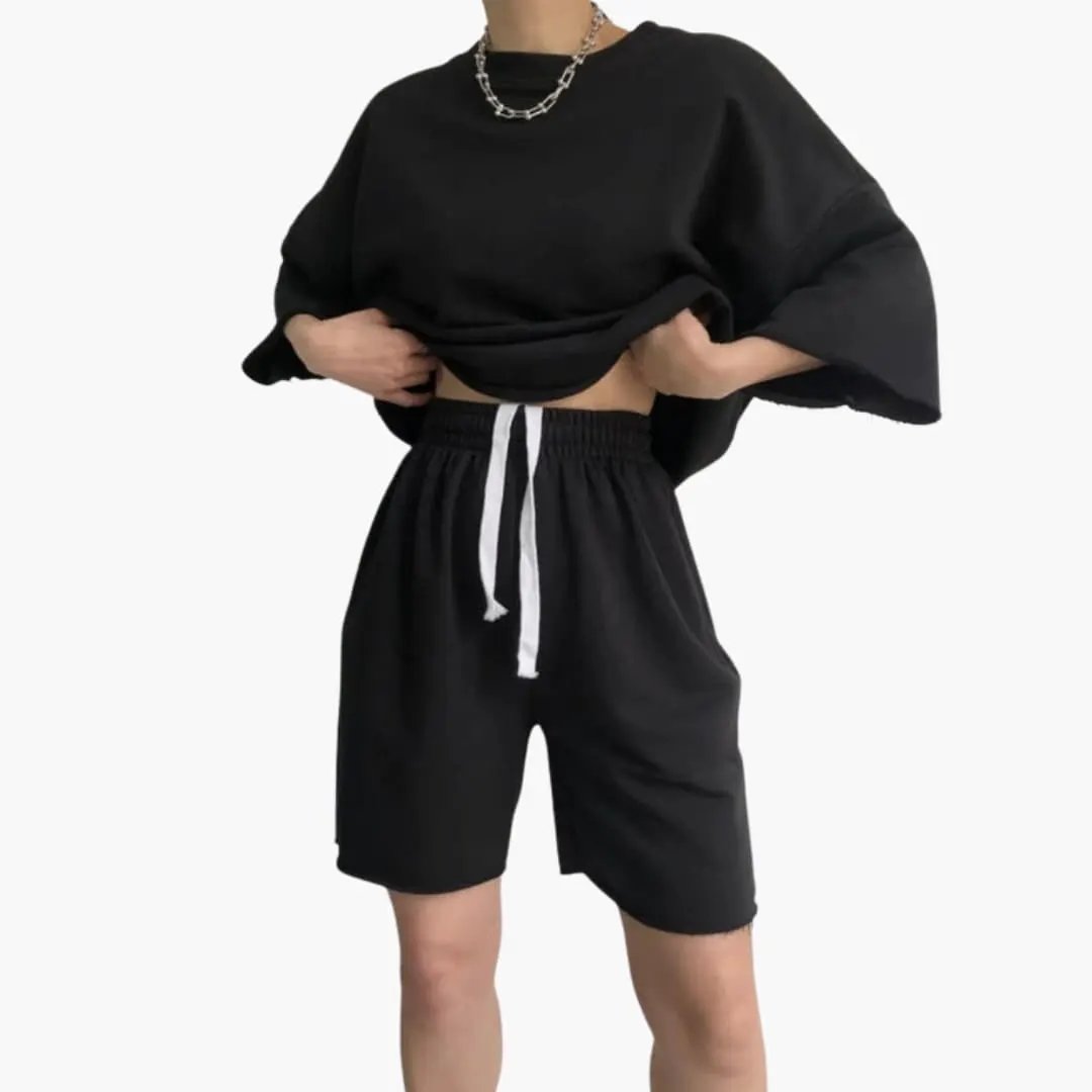 Women's Round Neck Crop Top and Drawstring Waist Shorts Two-Piece Set