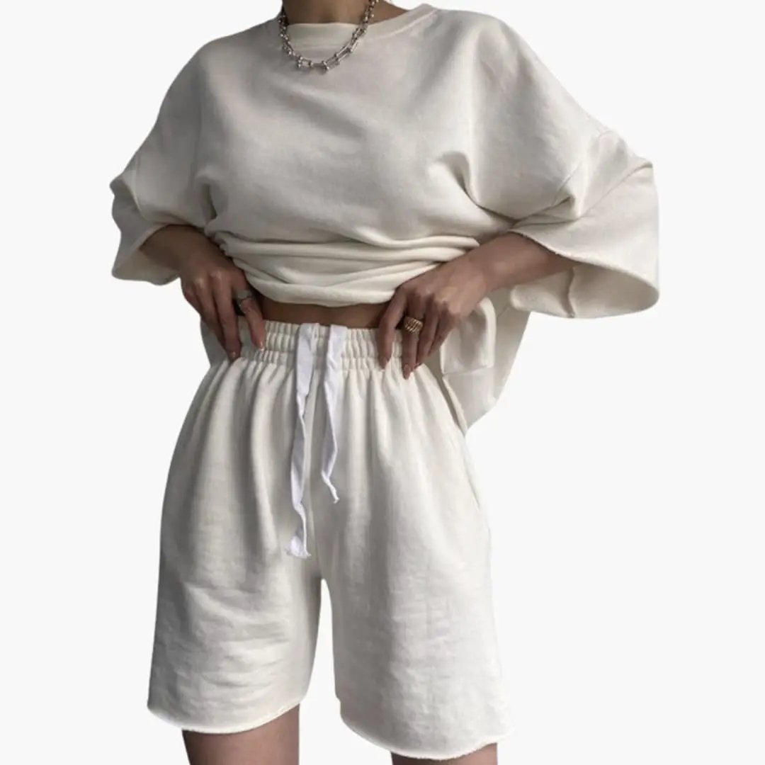 Women's Round Neck Crop Top and Drawstring Waist Shorts Two-Piece Set