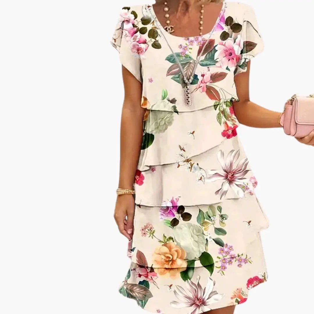 Women’s Ruffle Pleated Midi Dress Short Sleeve Printed Dress