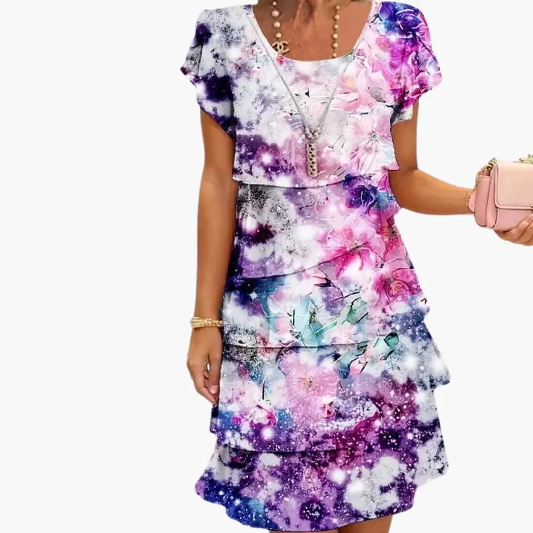 Women’s Ruffle Pleated Midi Dress Short Sleeve Printed Dress