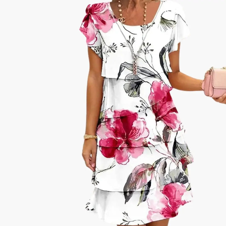 Women’s Ruffle Pleated Midi Dress Short Sleeve Printed Dress