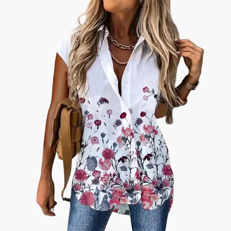 Women’s Short Sleeve Butterfly Print Blouse with Round Neck