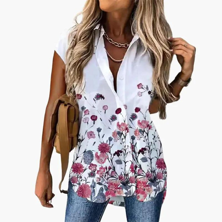 Women’s Short Sleeve Butterfly Print Blouse with Round Neck
