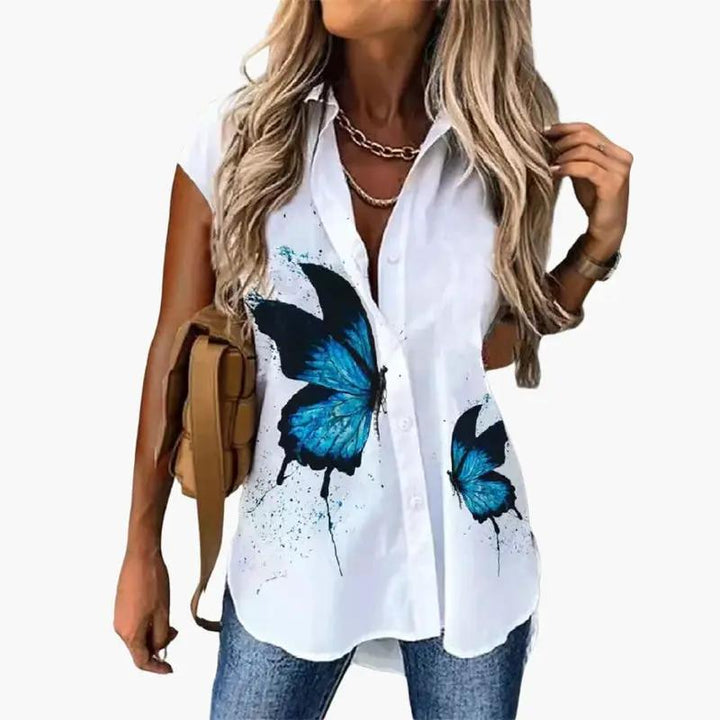 Women’s Short Sleeve Butterfly Print Blouse with Round Neck