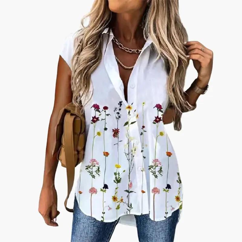 Women’s Short Sleeve Butterfly Print Blouse with Round Neck
