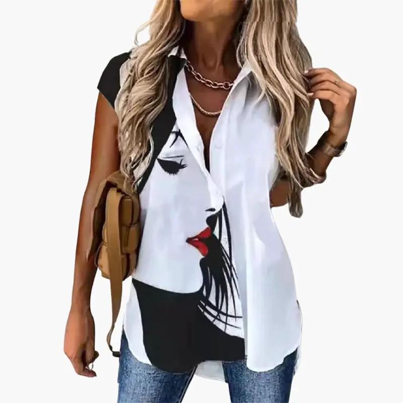 Women’s Short Sleeve Butterfly Print Blouse with Round Neck