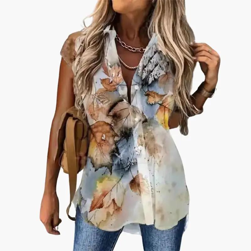 Women’s Short Sleeve Butterfly Print Blouse with Round Neck