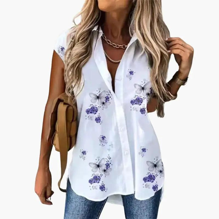 Women’s Short Sleeve Butterfly Print Blouse with Round Neck