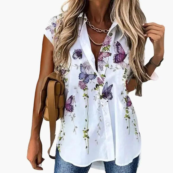Women’s Short Sleeve Butterfly Print Blouse with Round Neck