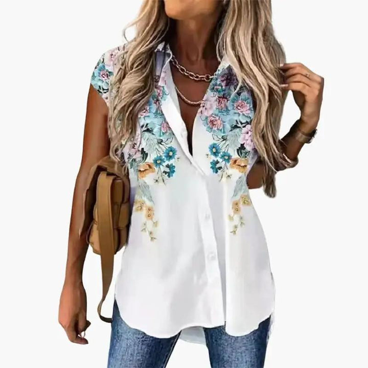 Women’s Short Sleeve Butterfly Print Blouse with Round Neck