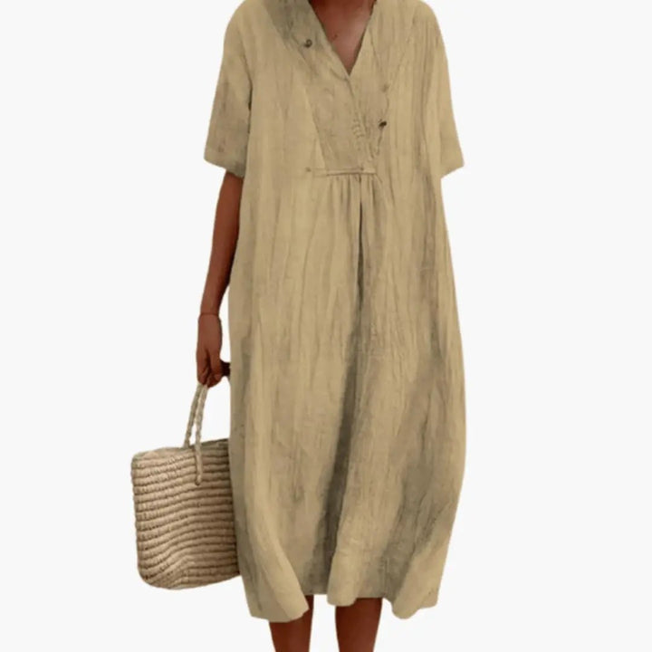 Women’s Short Sleeve Dress with Flowing Knee-Length Skirt
