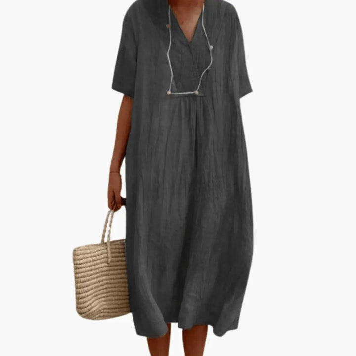 Women’s Short Sleeve Dress with Flowing Knee-Length Skirt