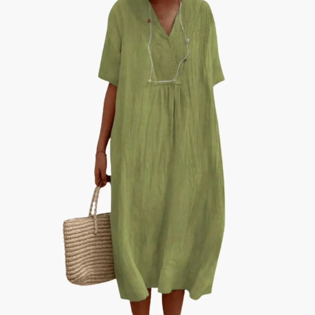 Women’s Short Sleeve Dress with Flowing Knee-Length Skirt
