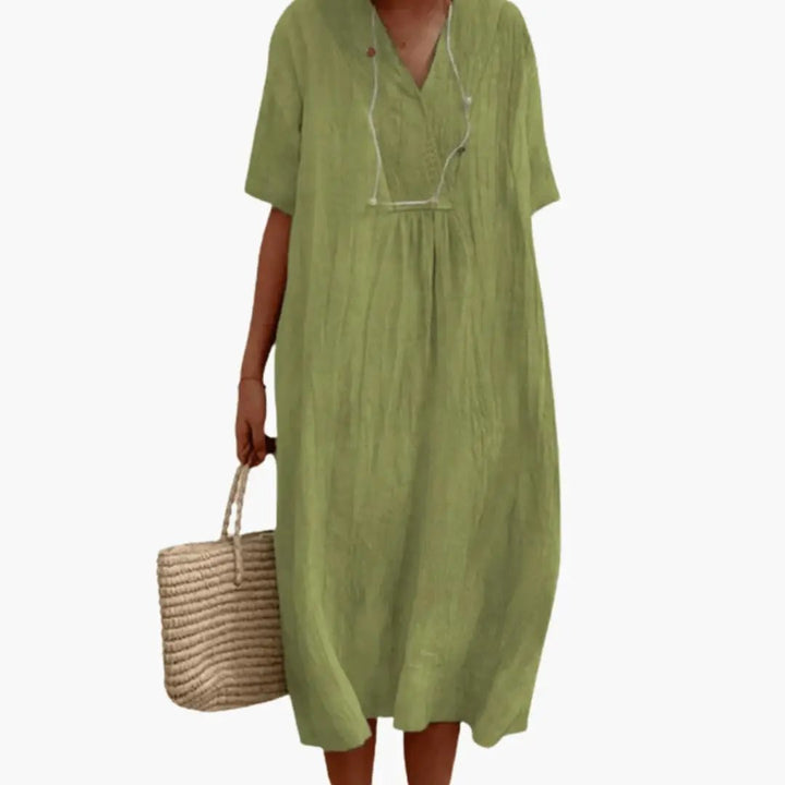 Women’s Short Sleeve Dress with Flowing Knee-Length Skirt