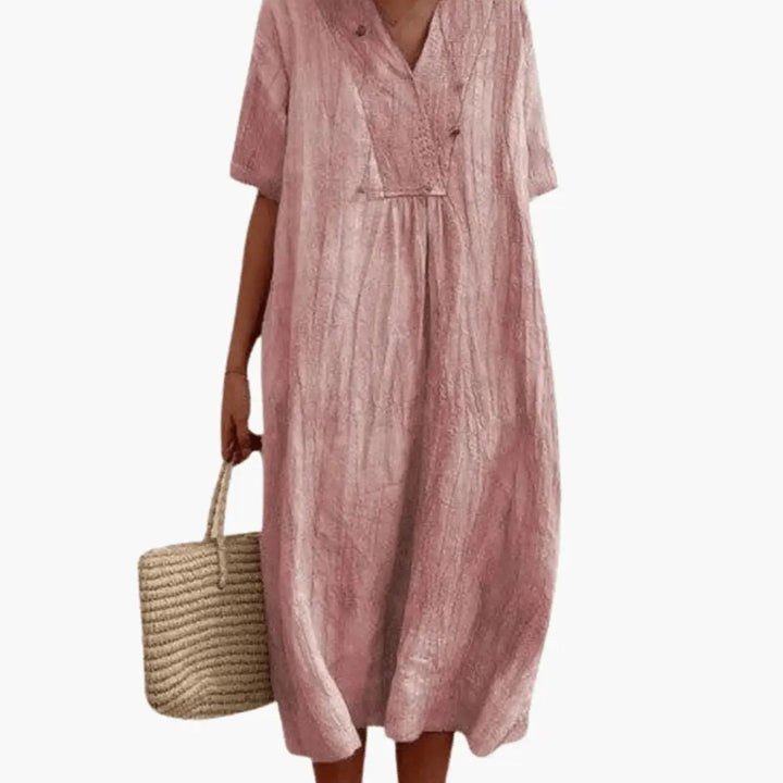 Women’s Short Sleeve Dress with Flowing Knee-Length Skirt