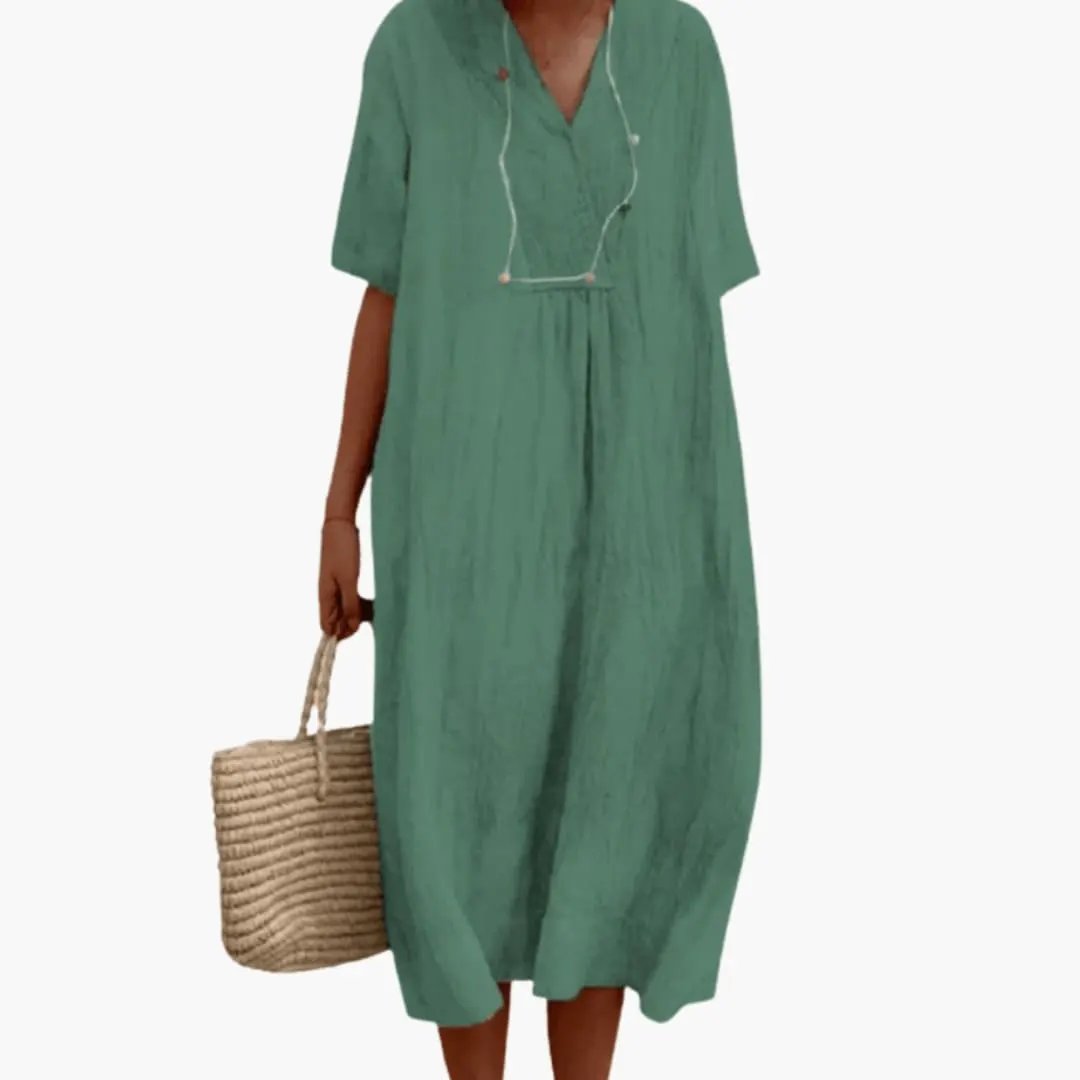 Women’s Short Sleeve Dress with Flowing Knee-Length Skirt