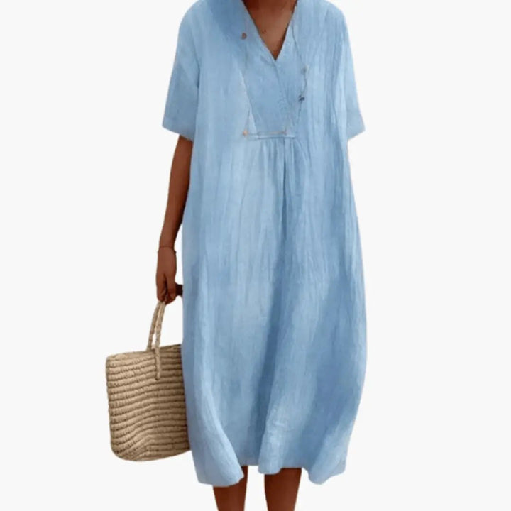Women’s Short Sleeve Dress with Flowing Knee-Length Skirt