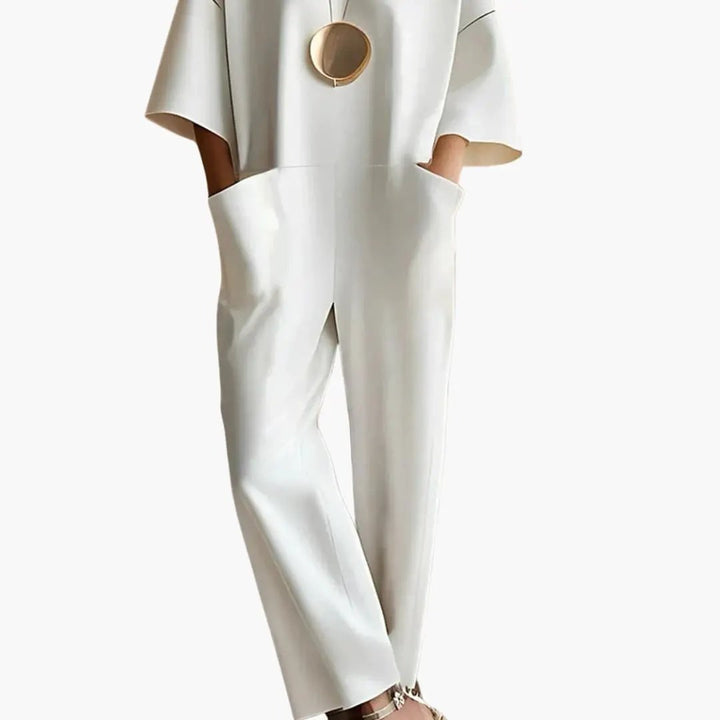 Women's Short Sleeve Jumpsuit with Straight Leg Pants and Back Zipper