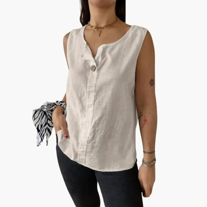 Women’s Sleeveless Blouse with Button Details and Hip-Length Cut
