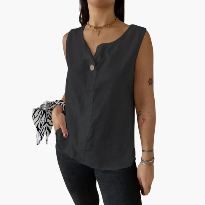 Women’s Sleeveless Blouse with Button Details and Hip-Length Cut