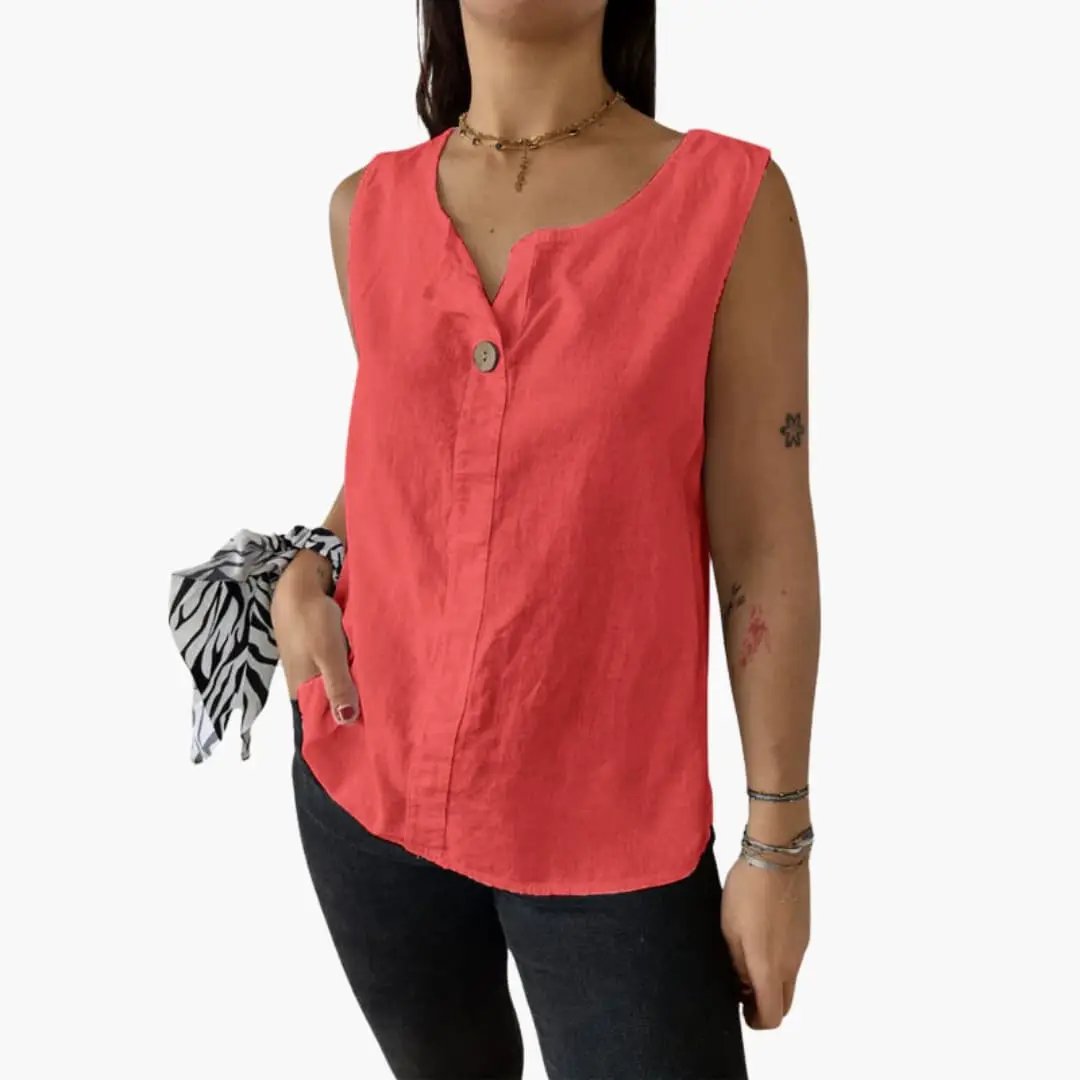 Women’s Sleeveless Blouse with Button Details and Hip-Length Cut