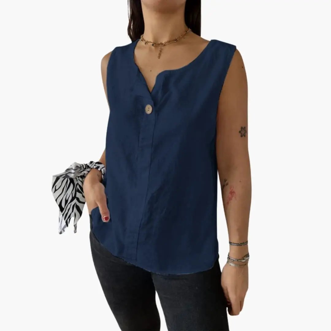 Women’s Sleeveless Blouse with Button Details and Hip-Length Cut