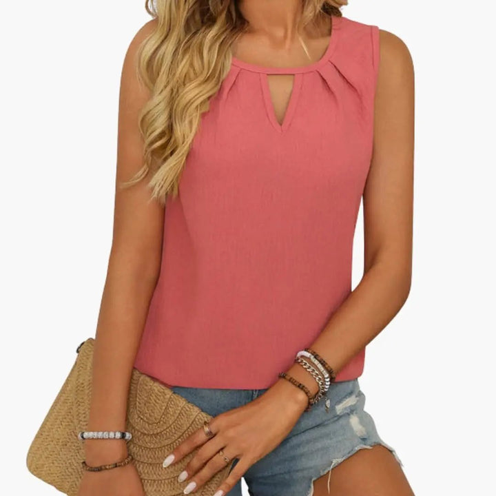 Women's Sleeveless Keyhole Neck Top with Pleated Front