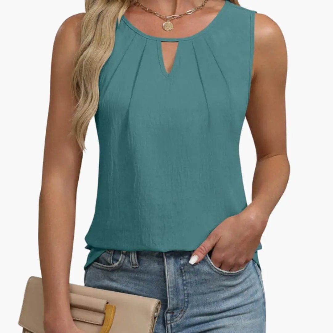 Women's Sleeveless Keyhole Neck Top with Pleated Front