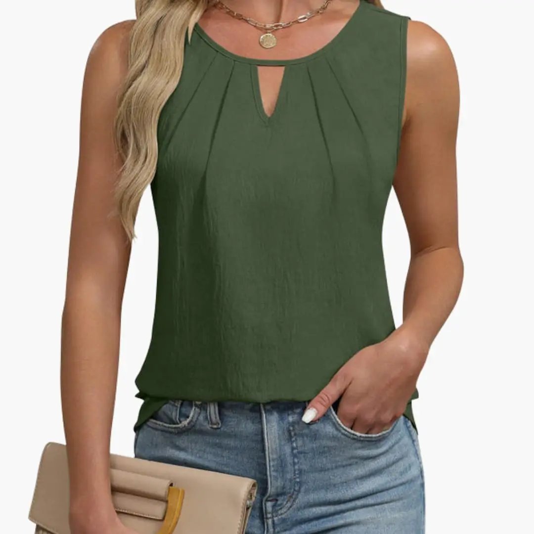 Women's Sleeveless Keyhole Neck Top with Pleated Front